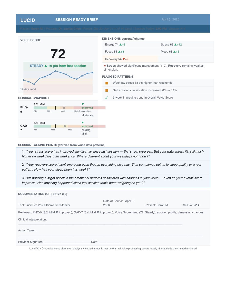 Session Ready Brief showing Voice Score, clinical snapshot, flagged patterns, and session talking points